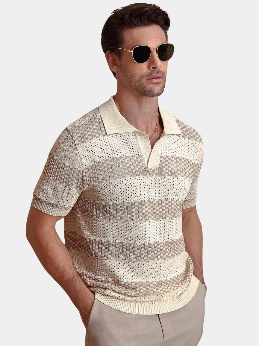 Men's beige textured stripe open collar shirt