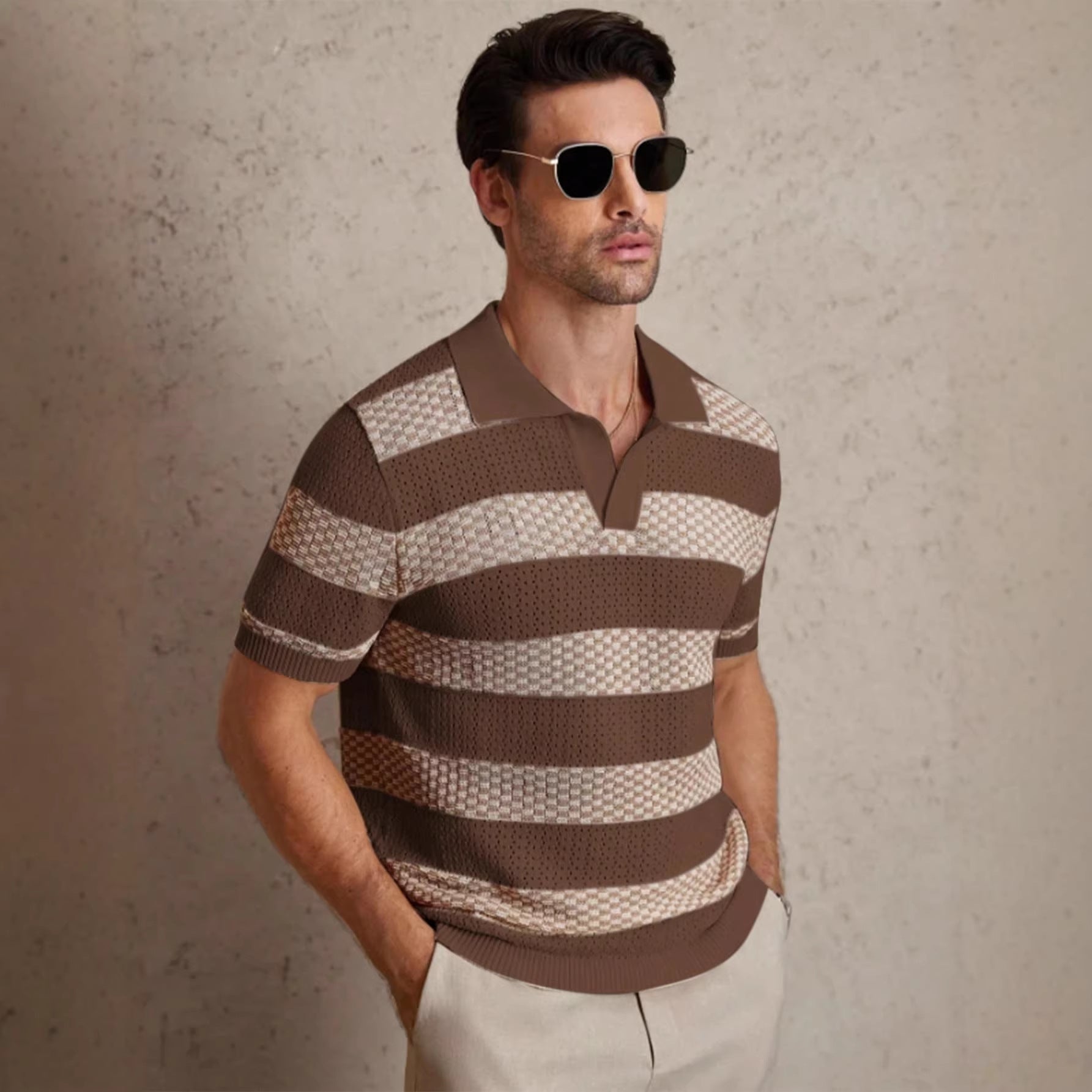 Men's beige textured stripe open collar shirt