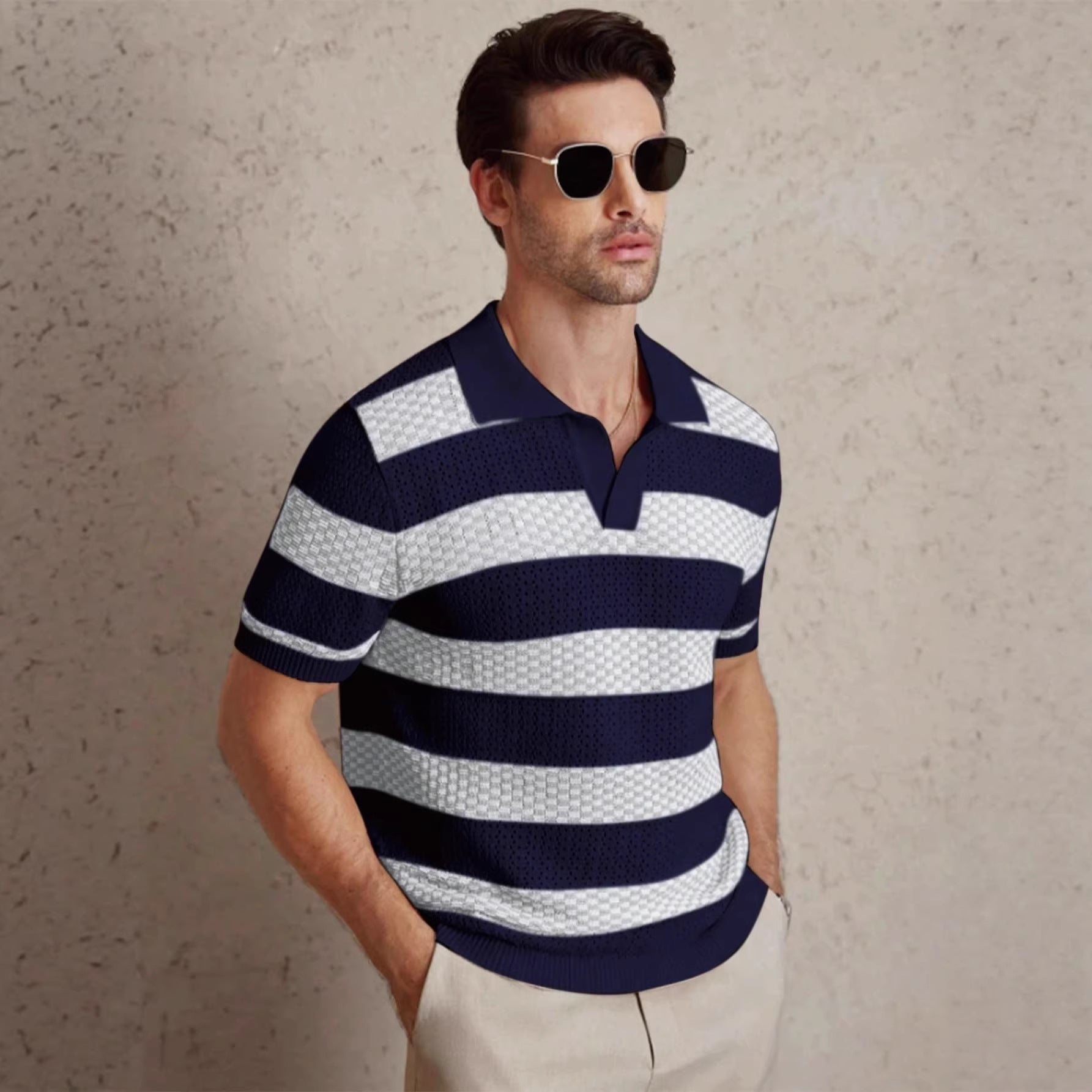 Men's beige textured stripe open collar shirt