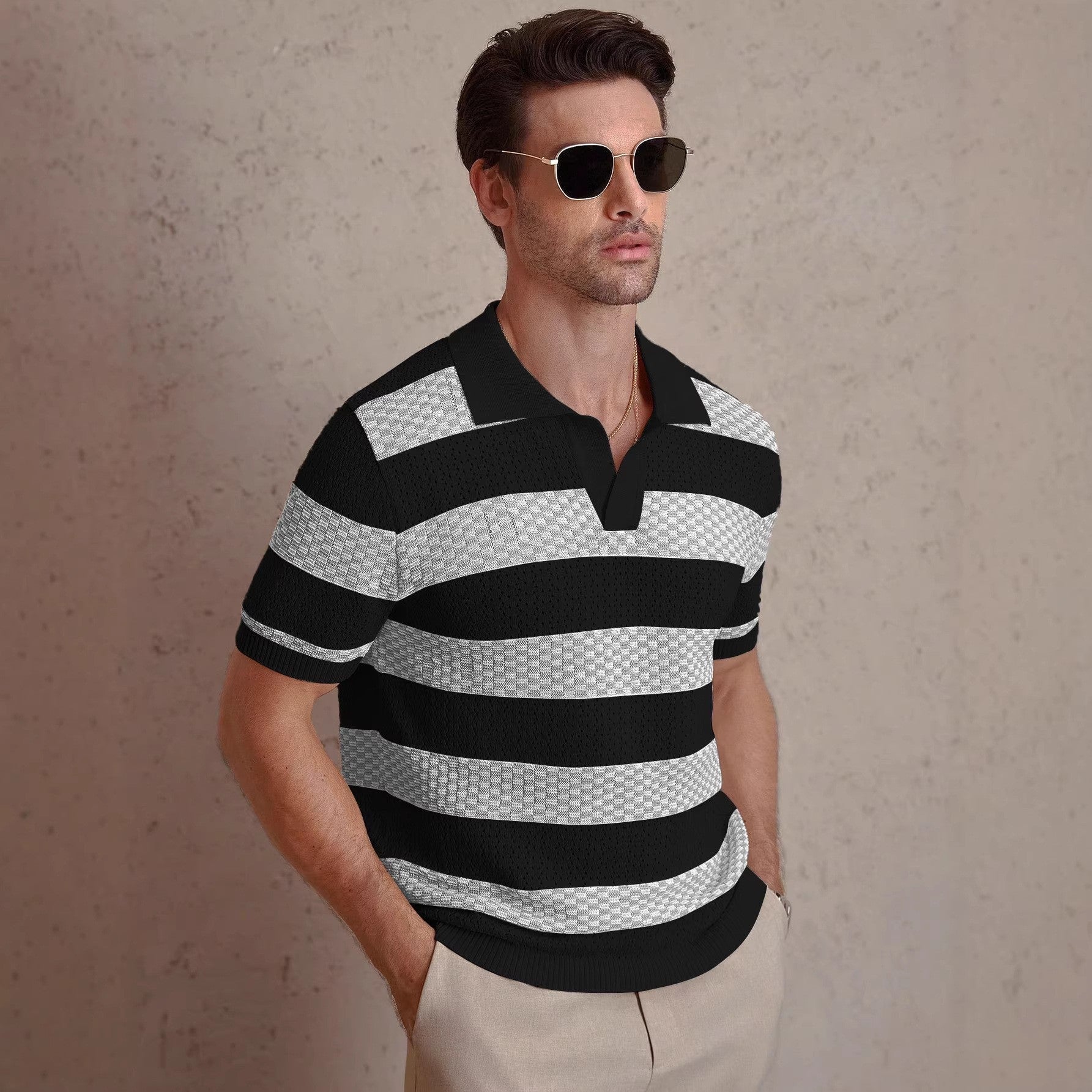 Men's beige textured stripe open collar shirt