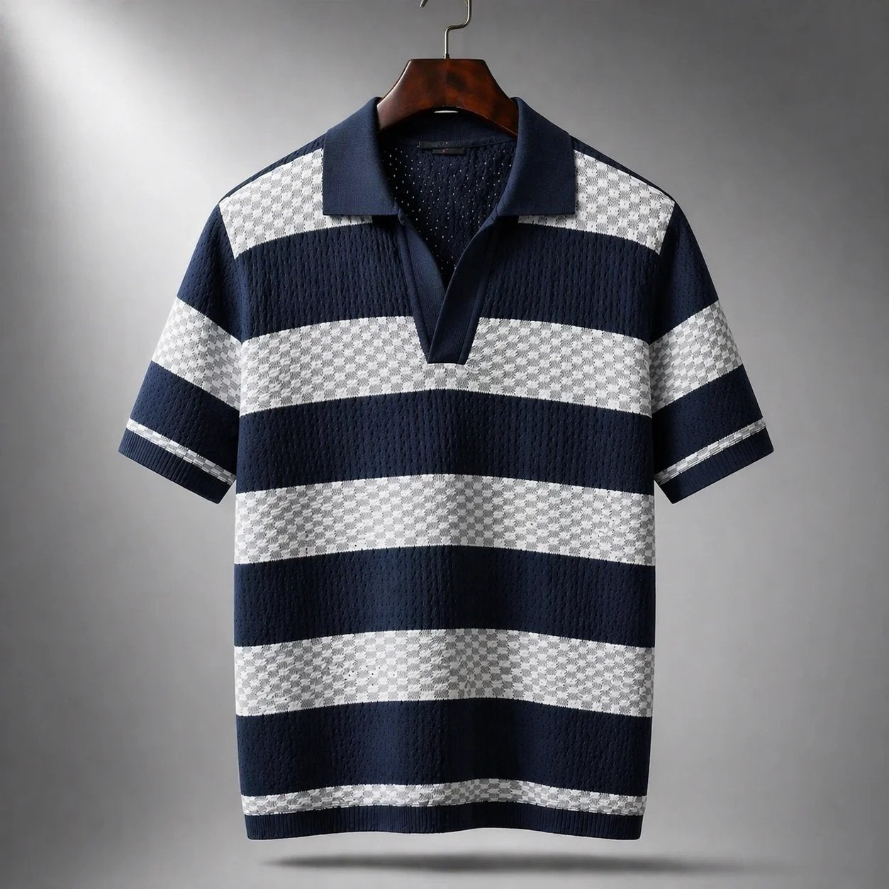 Men's brown textured stripe open collar shirt