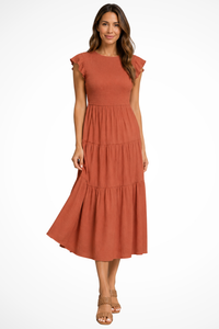 Women's Flutter Sleeve Shirred Tiered Summer Midi Dress