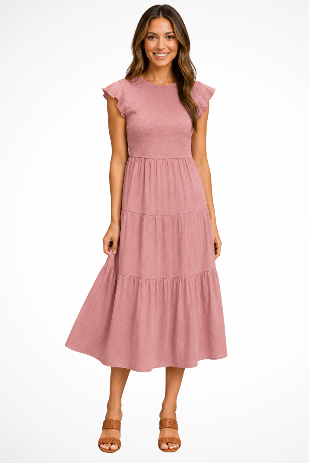 Women's pink flutter sleeve shirred tiered midi dress