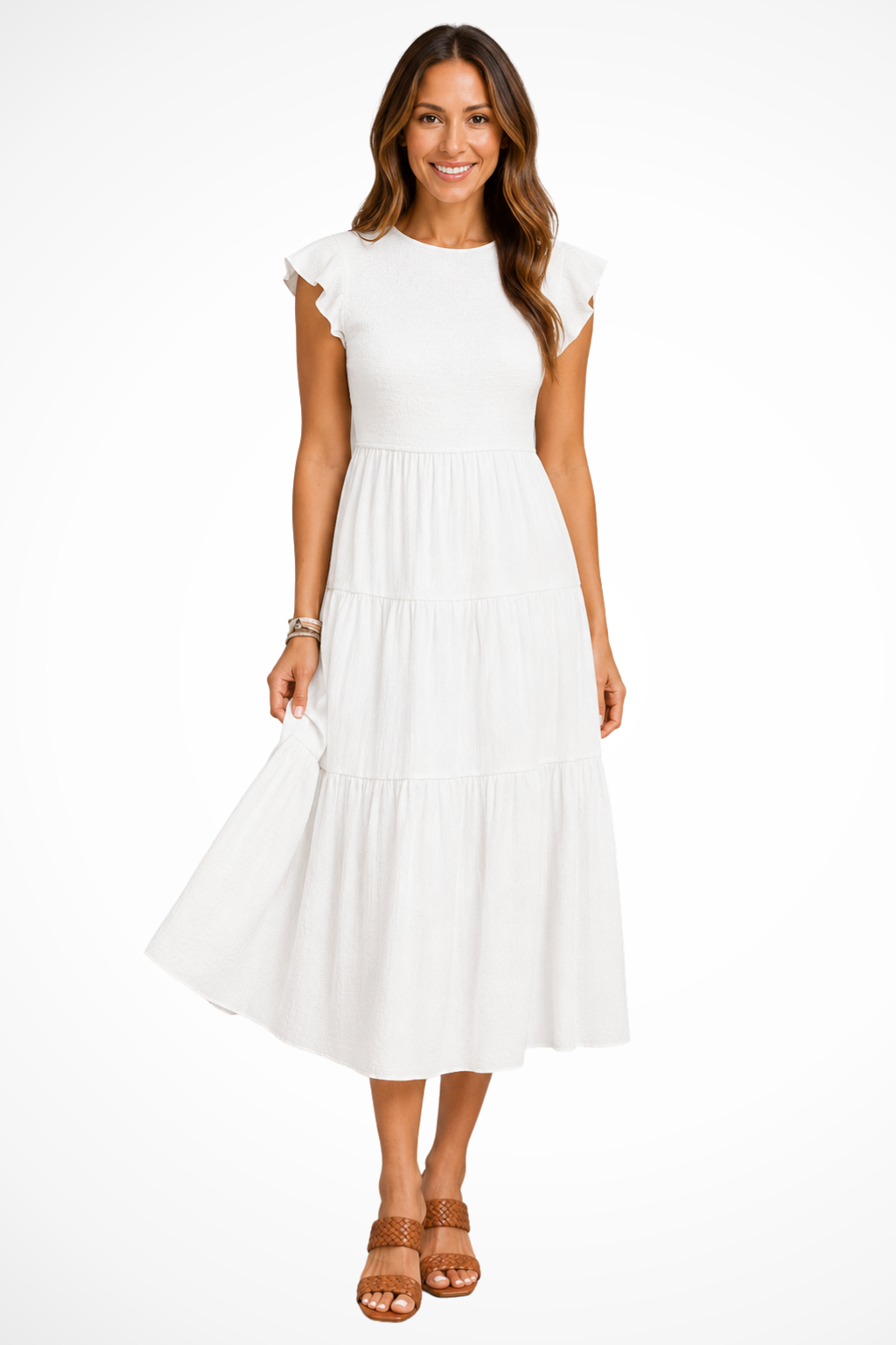 Women's white flutter sleeve shirred tiered midi dress