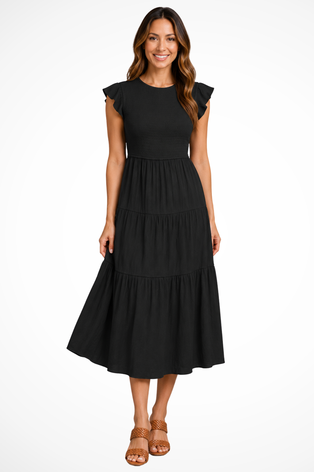 Women's black flutter sleeve shirred tiered midi dress