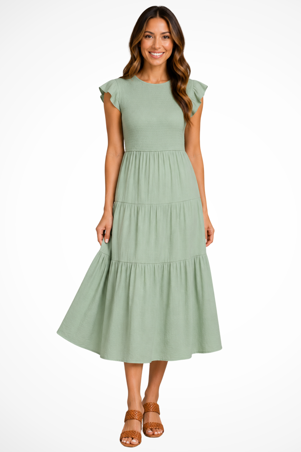 Women's light green flutter sleeve shirred tiered midi dress