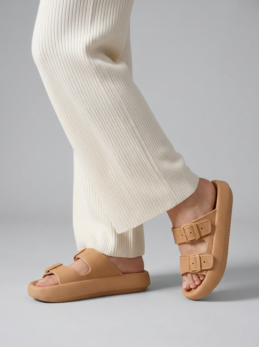 Women's brown EVA double-buckle footbed sandals