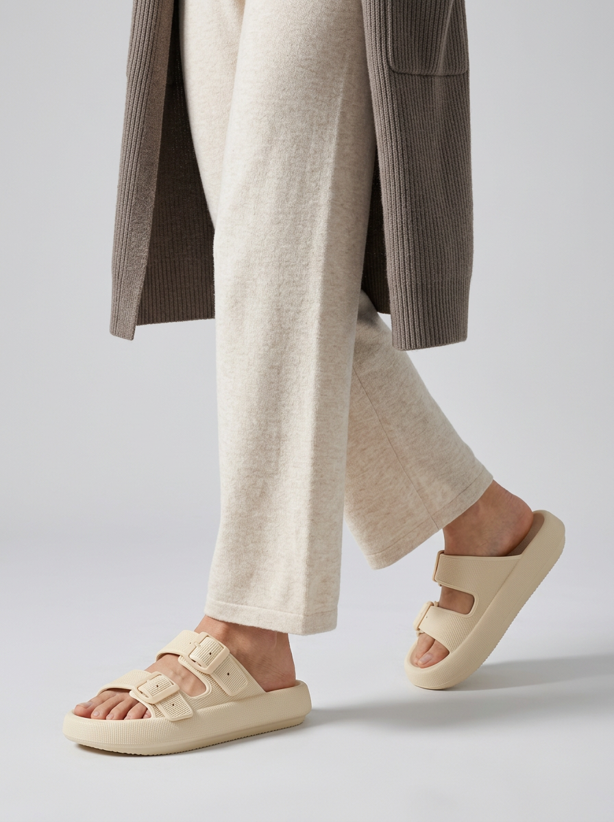 Women's khaki EVA double-buckle footbed sandals