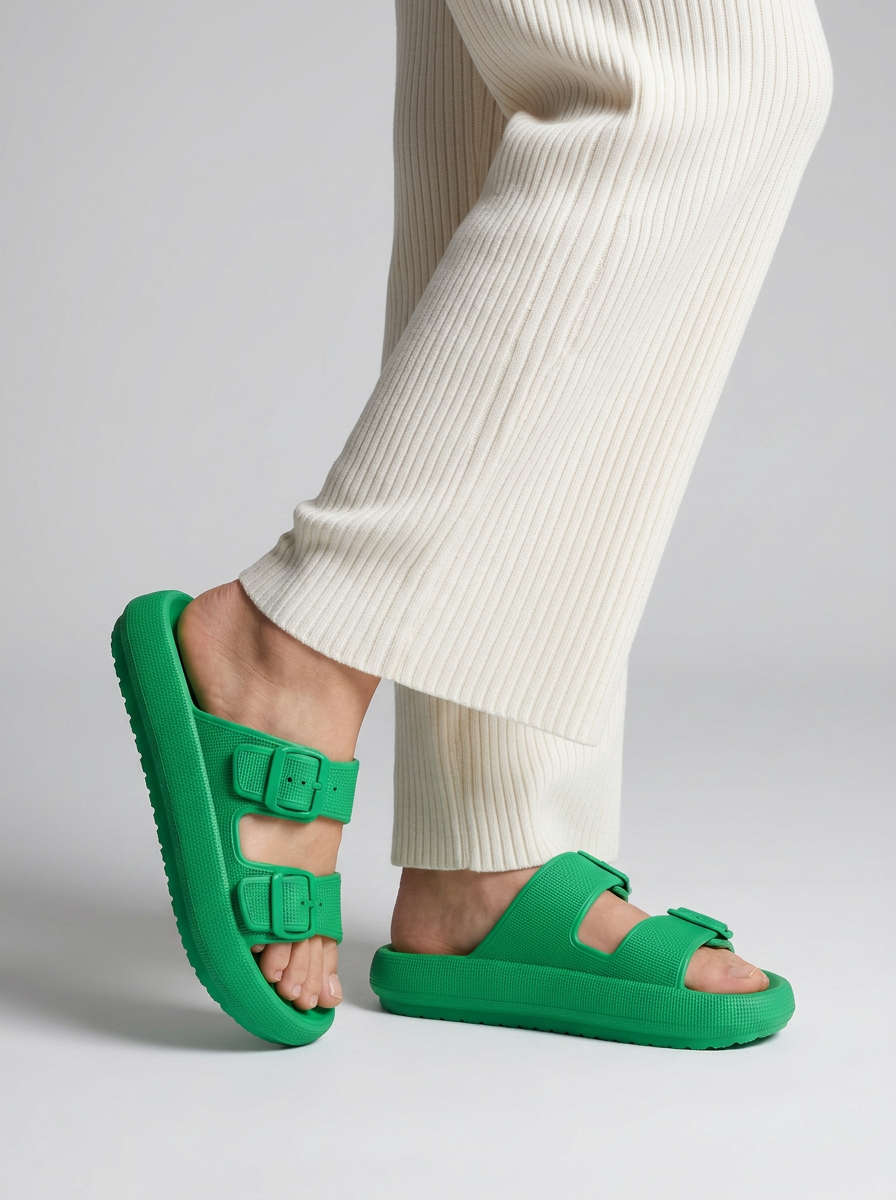 Women's khaki EVA double-buckle footbed sandals