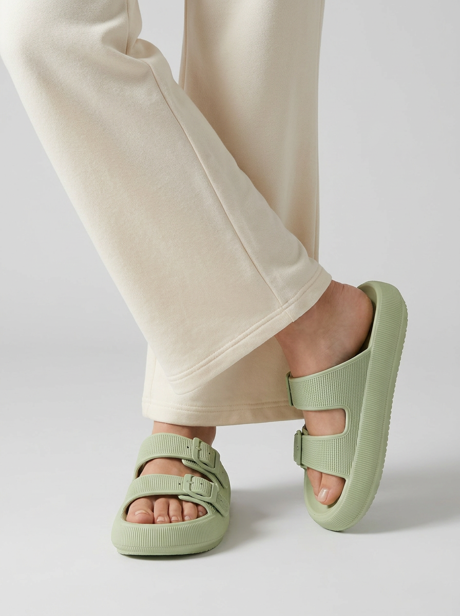 Women's khaki EVA double-buckle footbed sandals