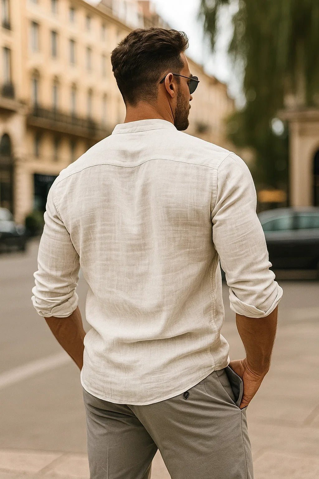Men's white linen grandad collar shirt with long sleeves