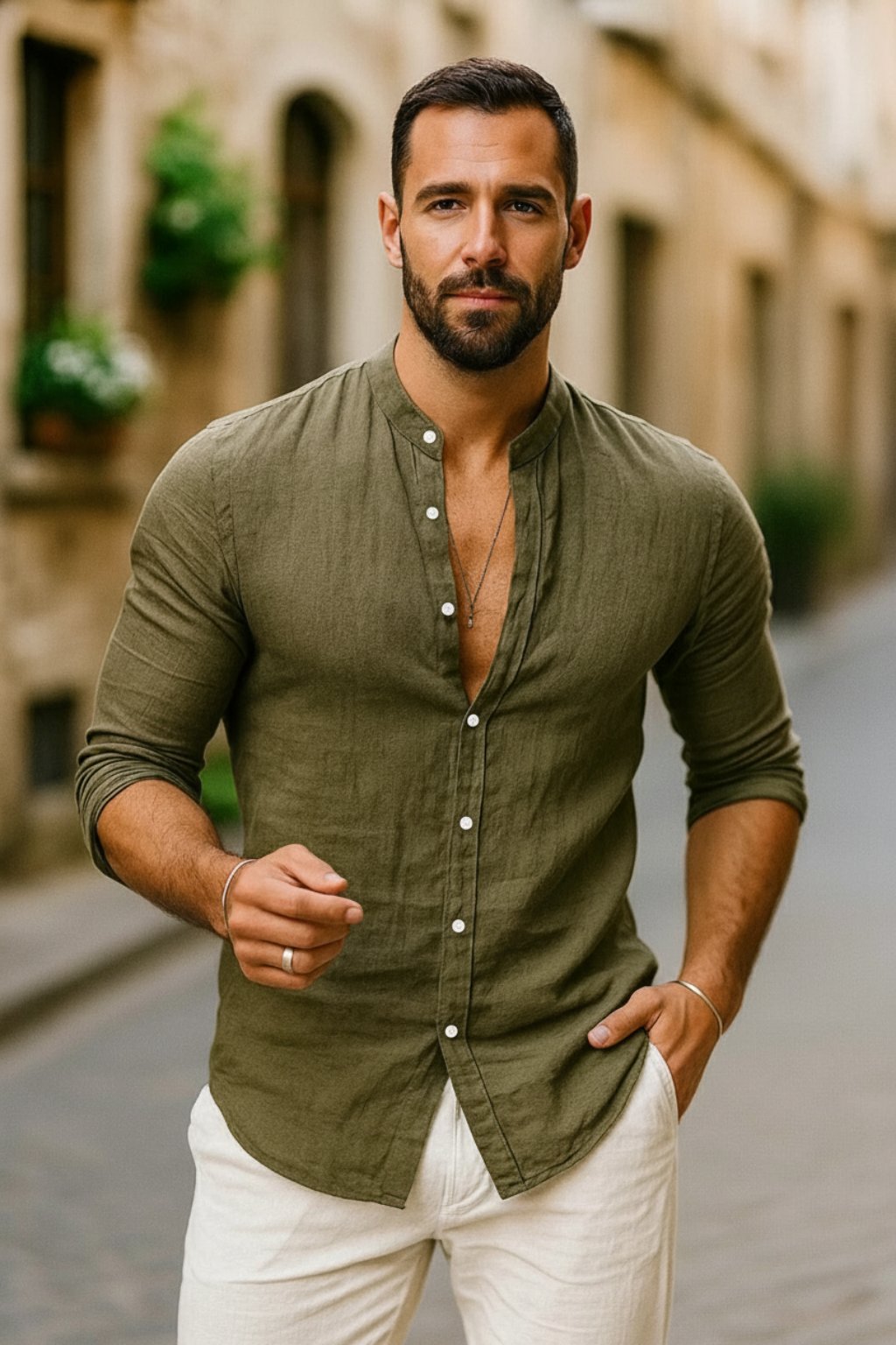 Men's white linen grandad collar shirt with long sleeves
