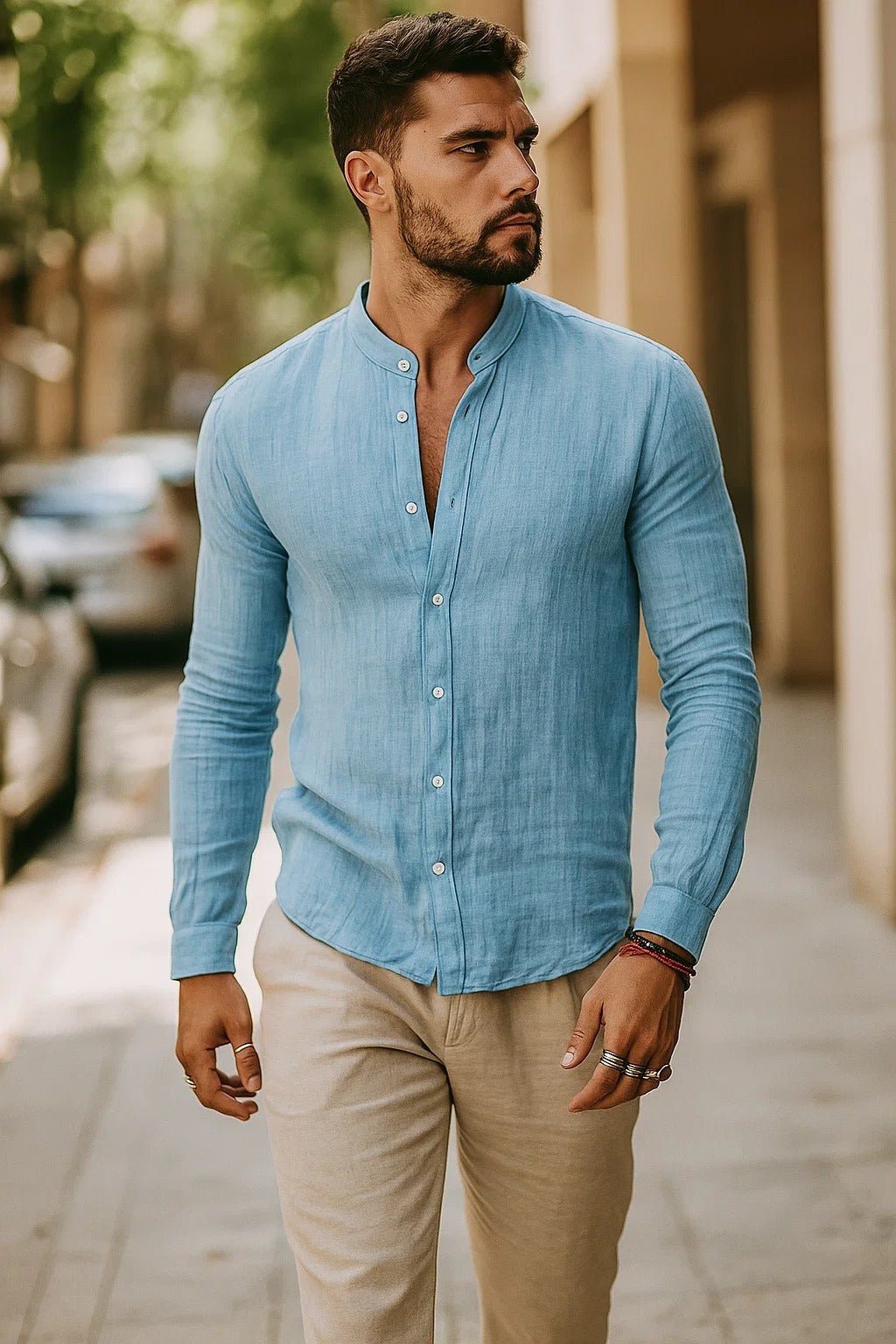 Men's white linen grandad collar shirt with long sleeves