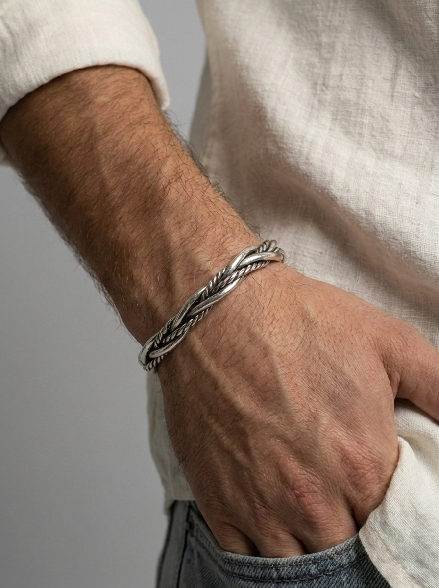Braided Cuff Bracelet in Silver Tone