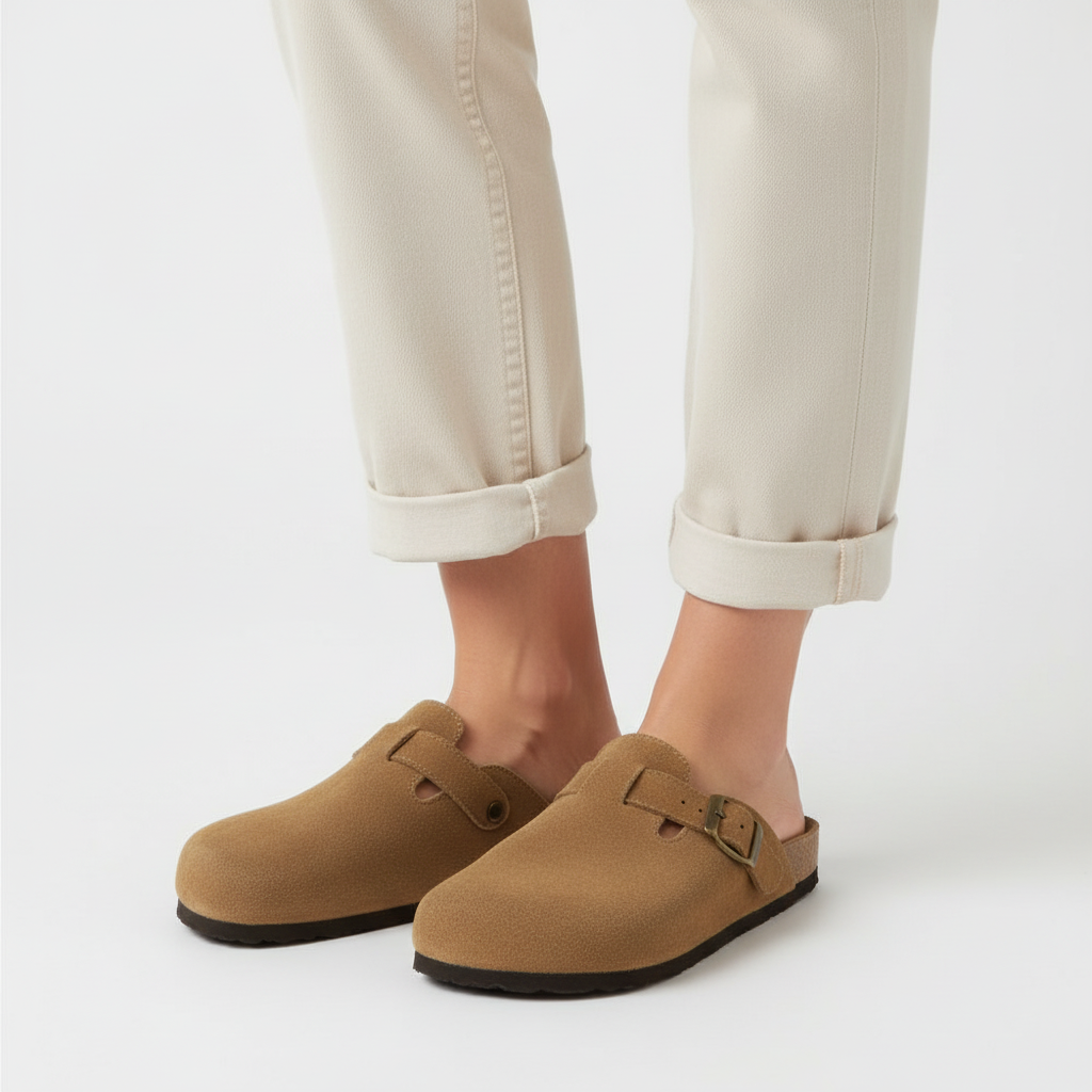 light brown suede buckle clogs with cork footbed