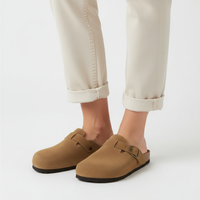 Suede Buckle Clogs with Cork Footbed