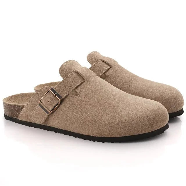 light brown suede buckle clogs with cork footbed