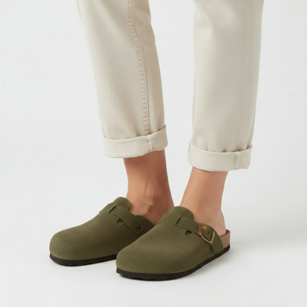 khaki suede buckle clogs with cork footbed