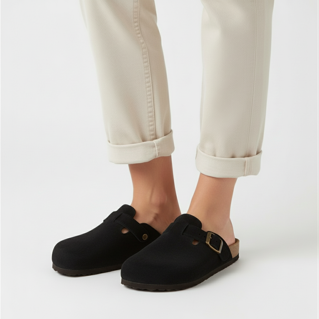 khaki suede buckle clogs with cork footbed