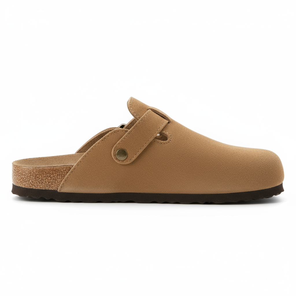 light brown suede buckle clogs with cork footbed