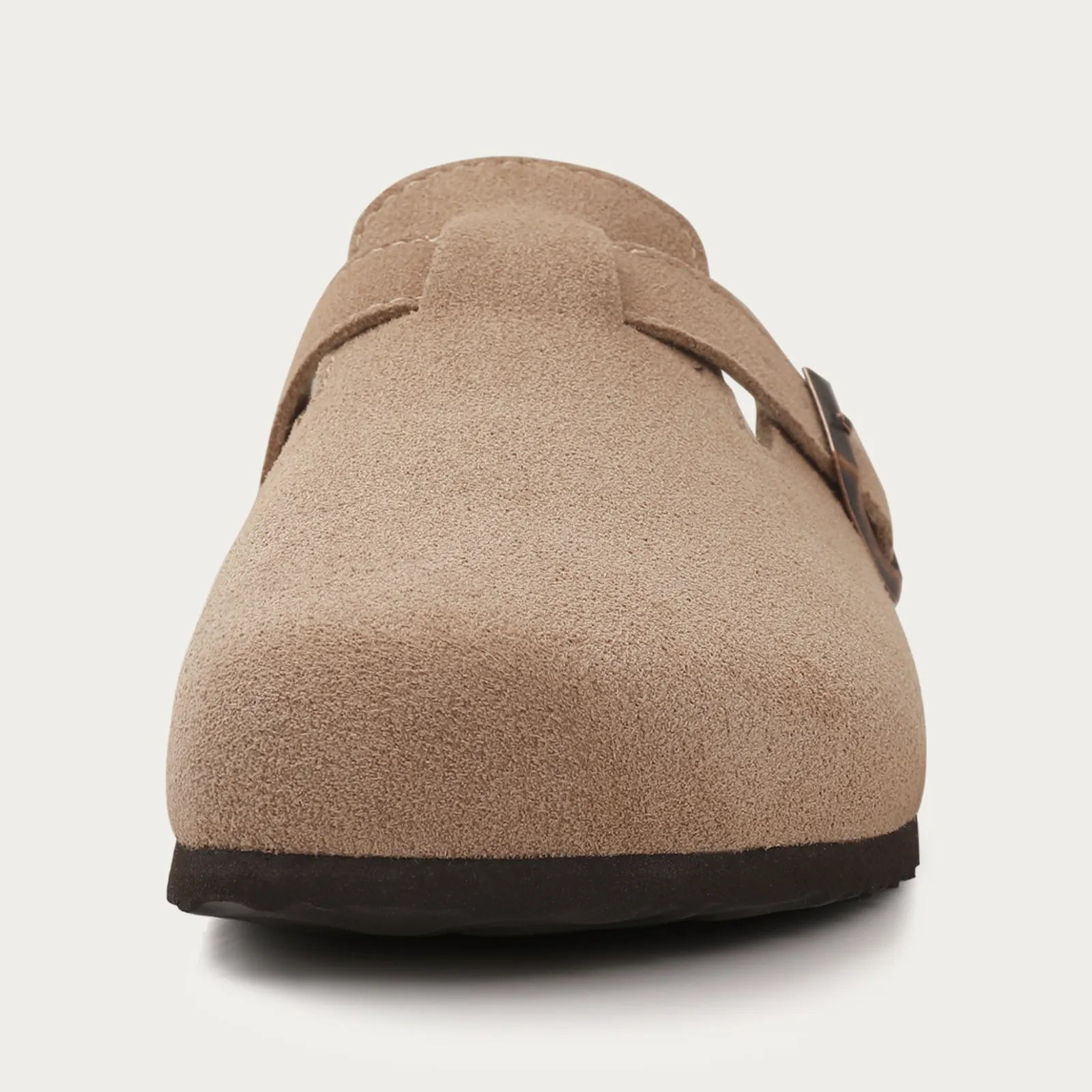 light brown suede buckle clogs with cork footbed