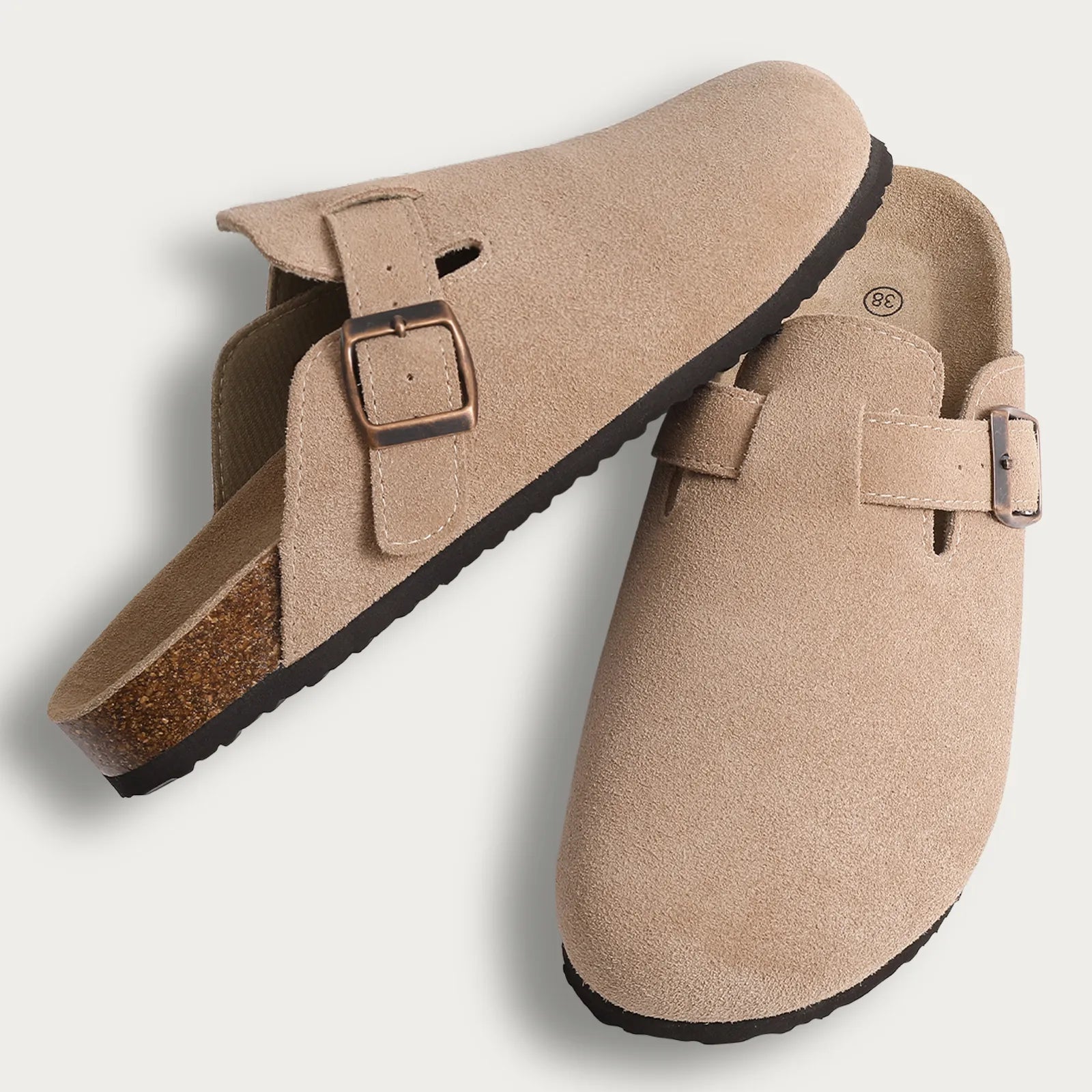 light brown suede buckle clogs with cork footbed