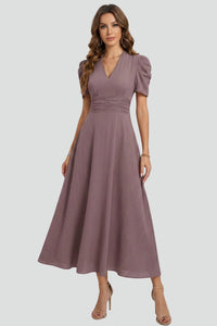 Women's V-Neck Midi Dress with Ruched Waist and Floaty Skirt