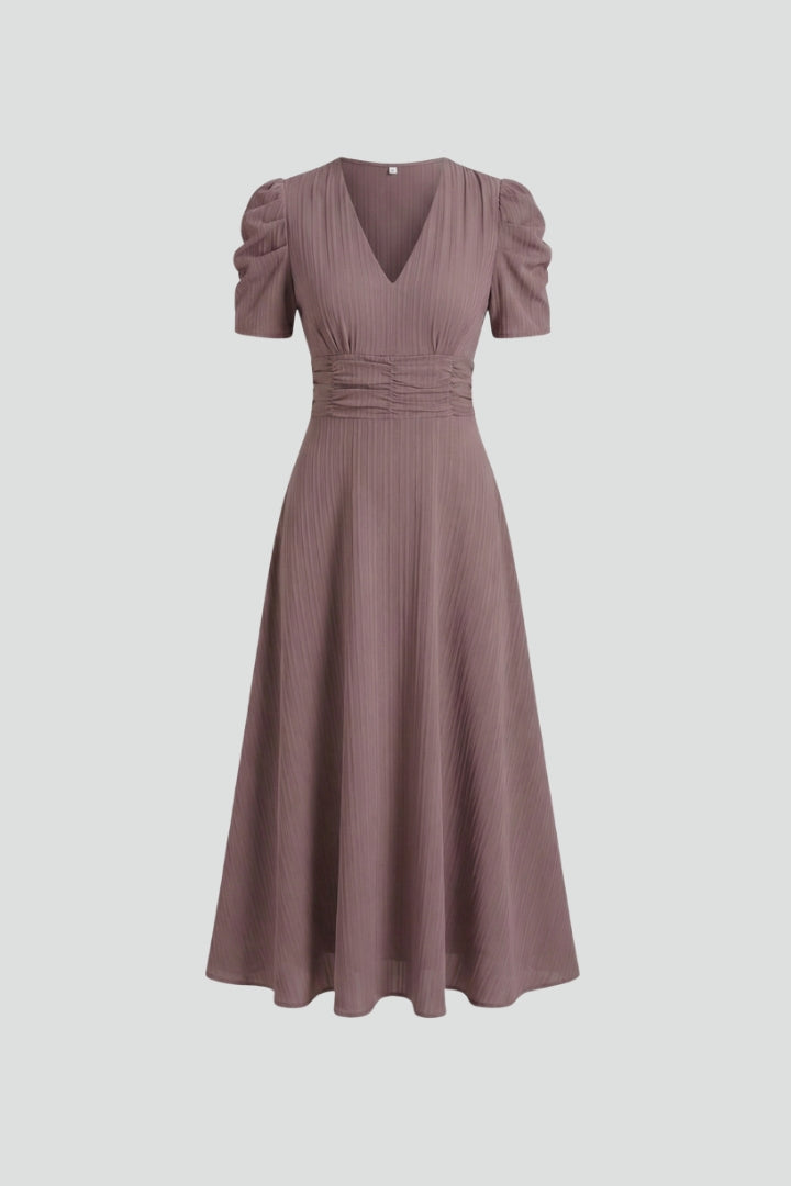 Women's brown V-neck midi dress with ruched waist