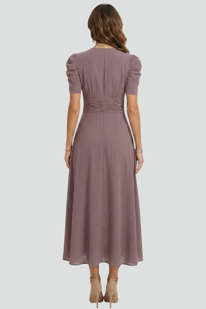 Women's brown V-neck midi dress with ruched waist