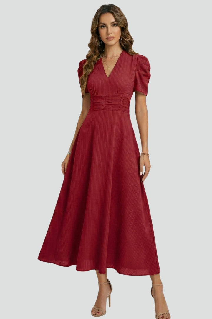 Women's red V-neck midi dress with ruched waist