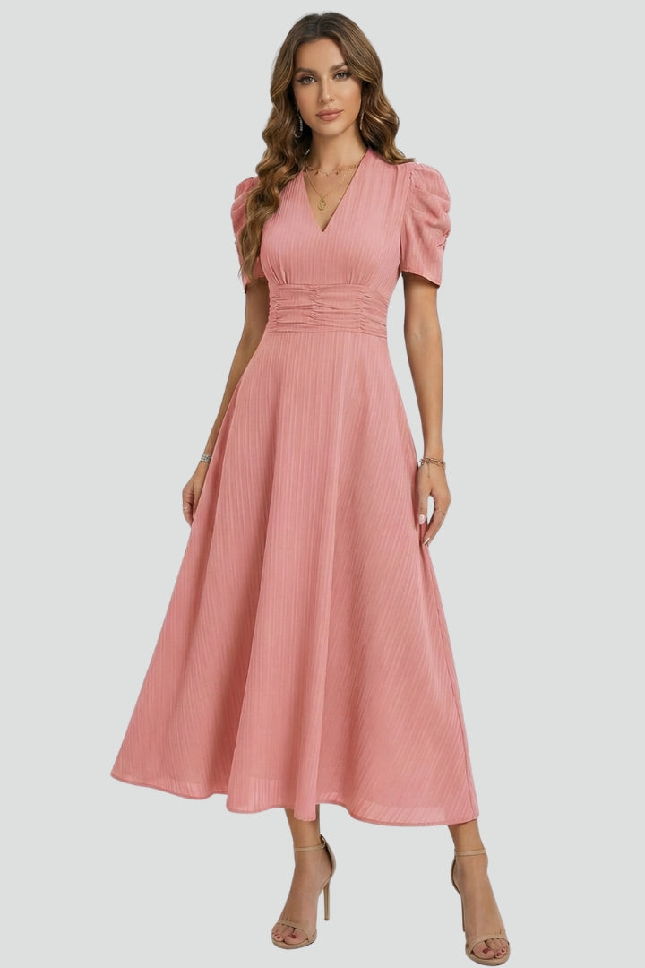 Women's red V-neck midi dress with ruched waist