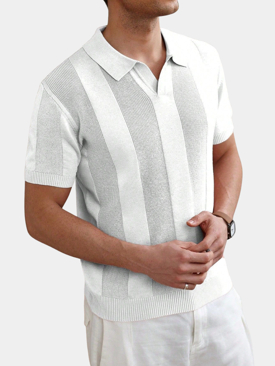 Men's white vertical knit short-sleeve polo shirt