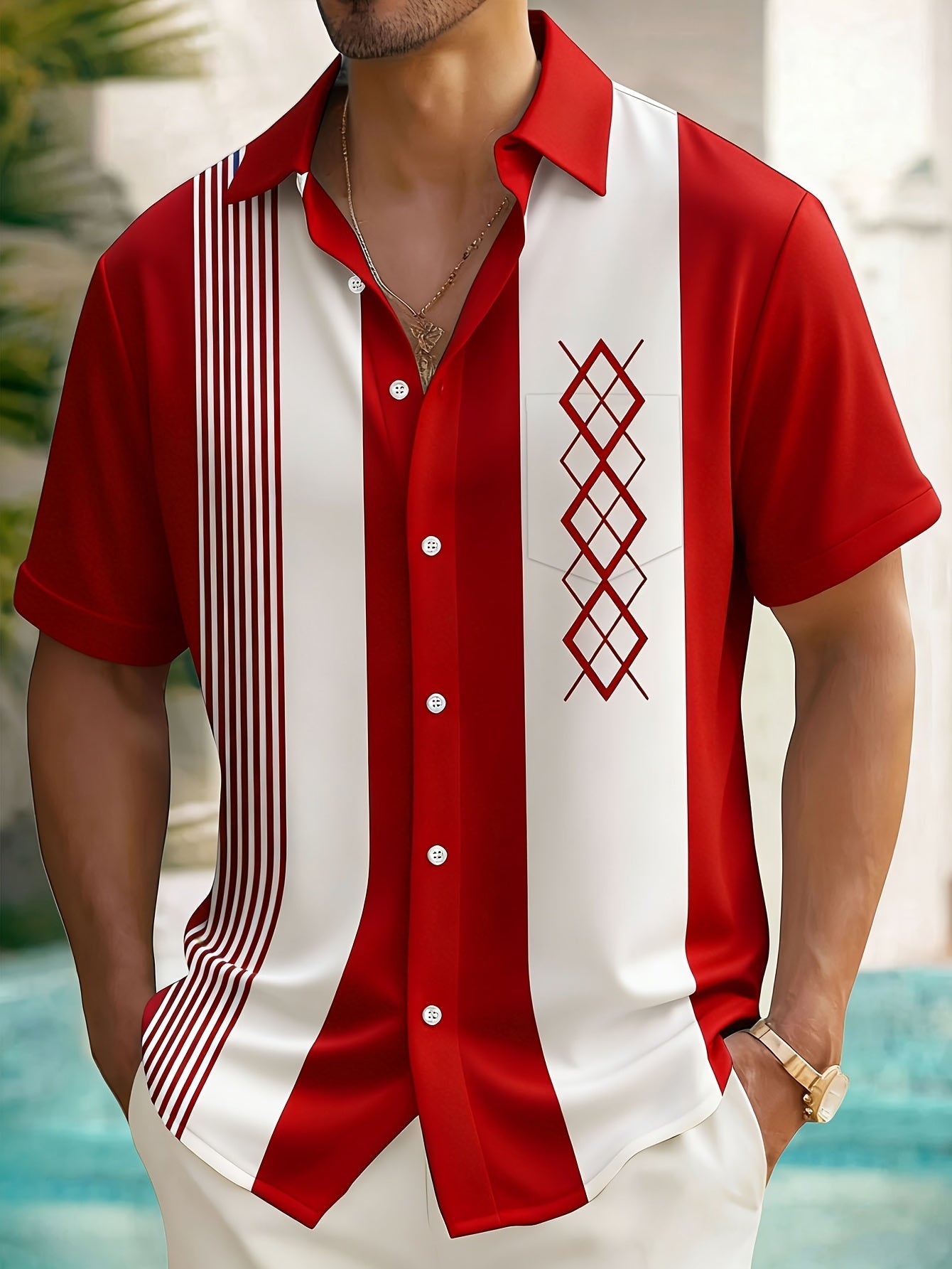 Men's blue vintage geometric print short-sleeve shirt