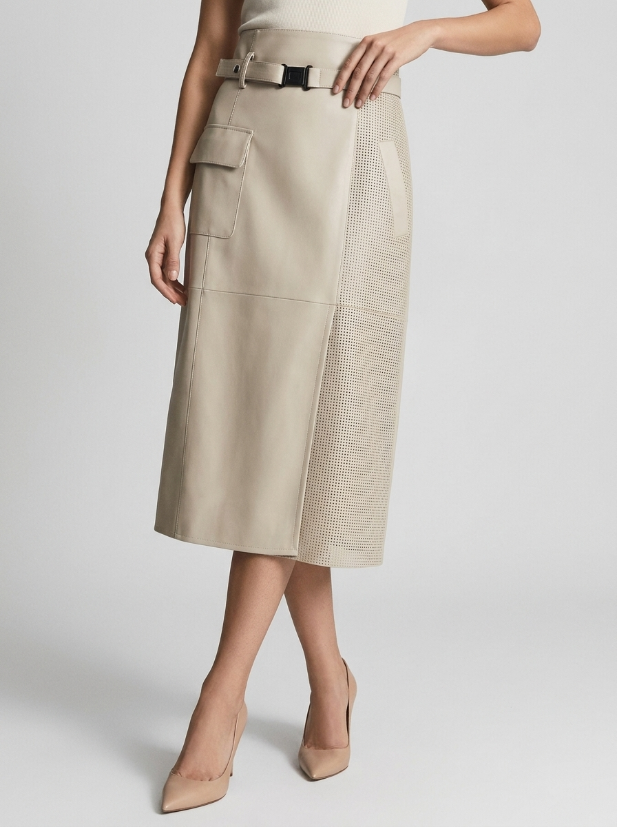 Asymmetric Leather Midi Skirt with Belt