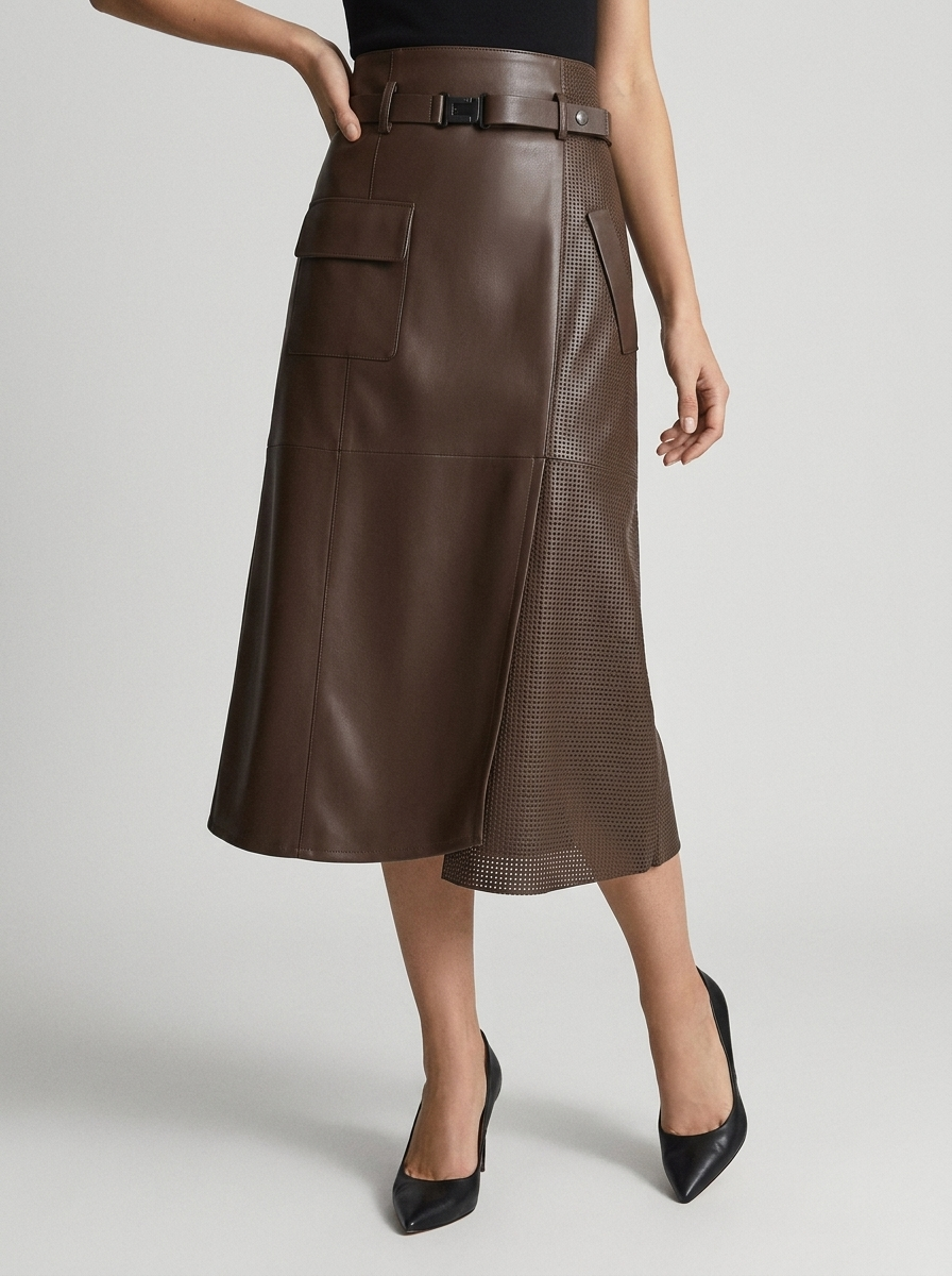 Asymmetric Leather Midi Skirt with Belt