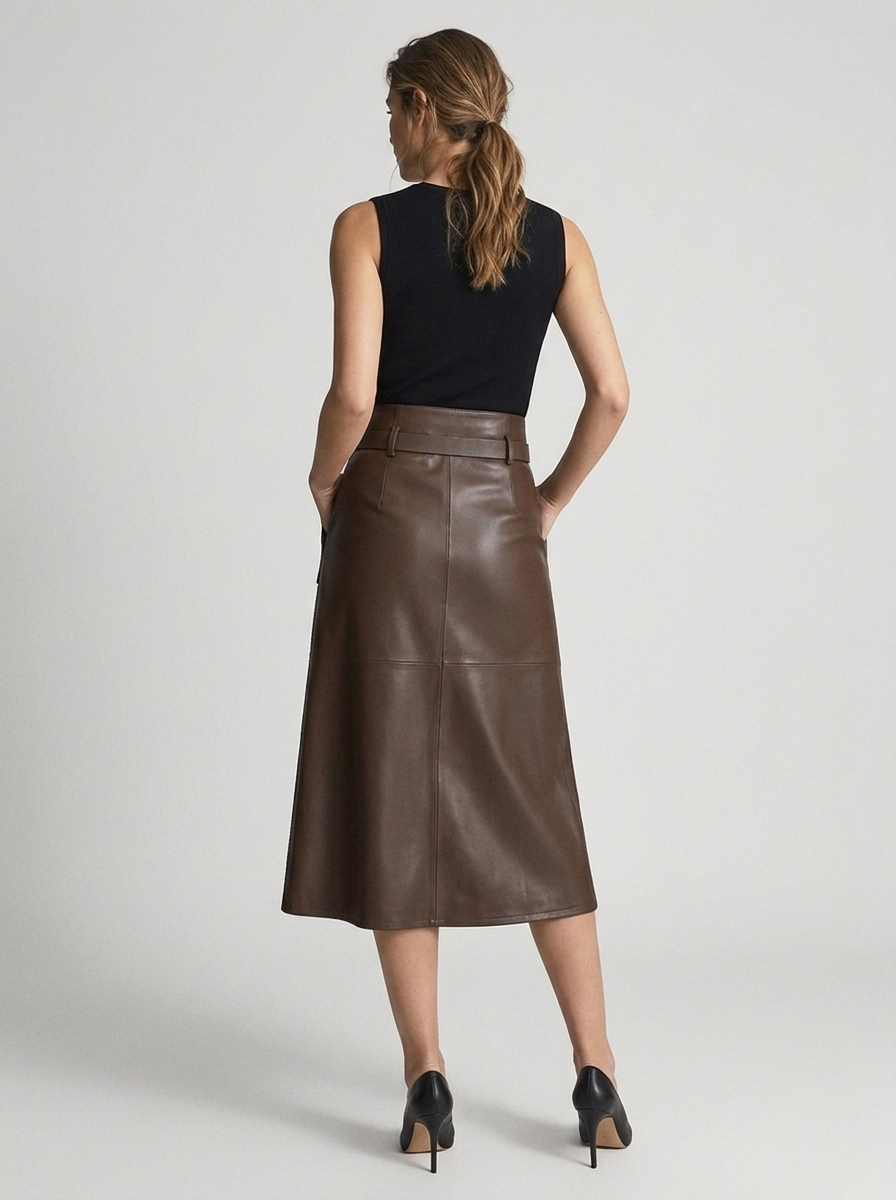 Asymmetric Leather Midi Skirt with Belt