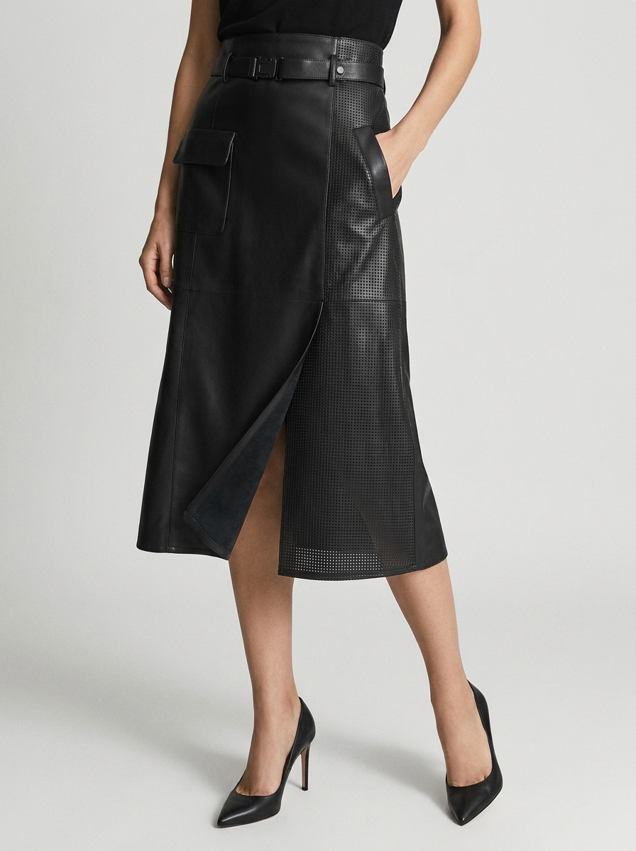 Asymmetric Leather Midi Skirt with Belt