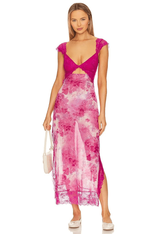 Women's sage floral sheath dress with lace detail and a side split