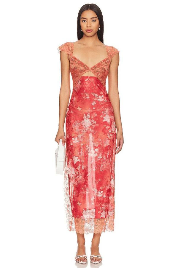 Women's sage floral sheath dress with lace detail and a side split