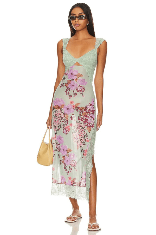 Women's sage floral sheath dress with lace detail and a side split