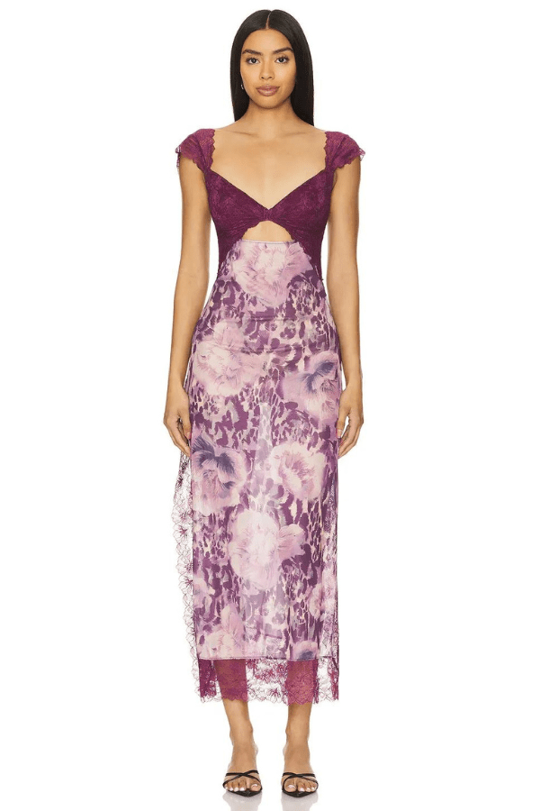 women's floral sheath dress with lace detail and a side split