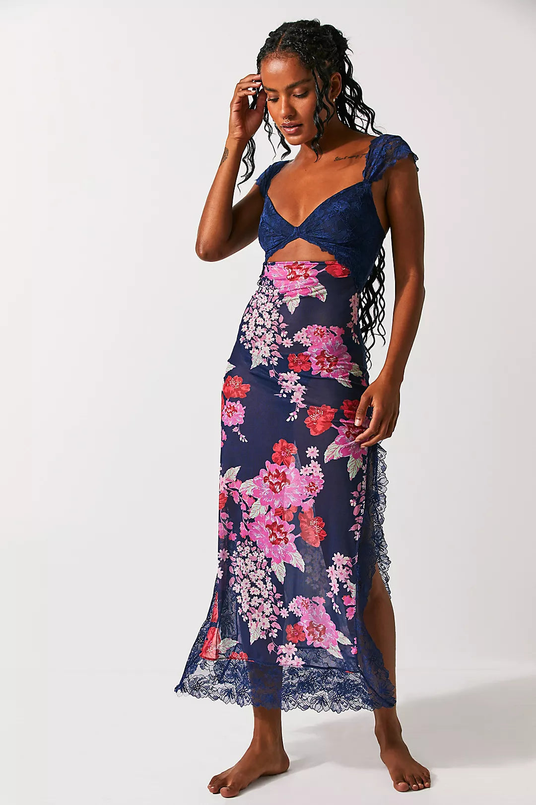 women's floral sheath dress with lace detail and a side split