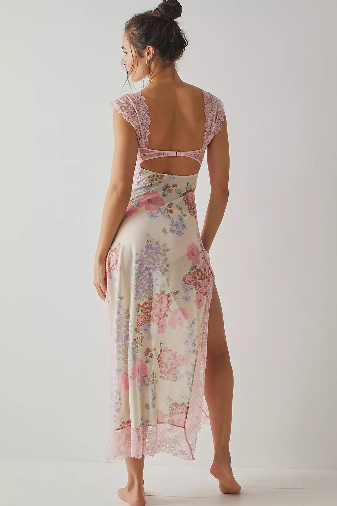 Women's tulip floral sheath dress with lace detail and a side split