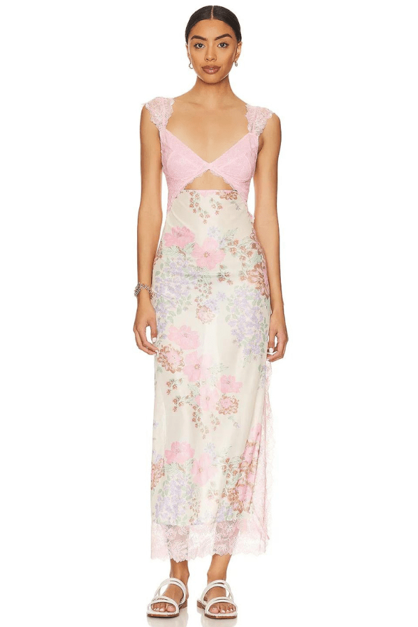 Women's tulip floral sheath dress with lace detail and a side split