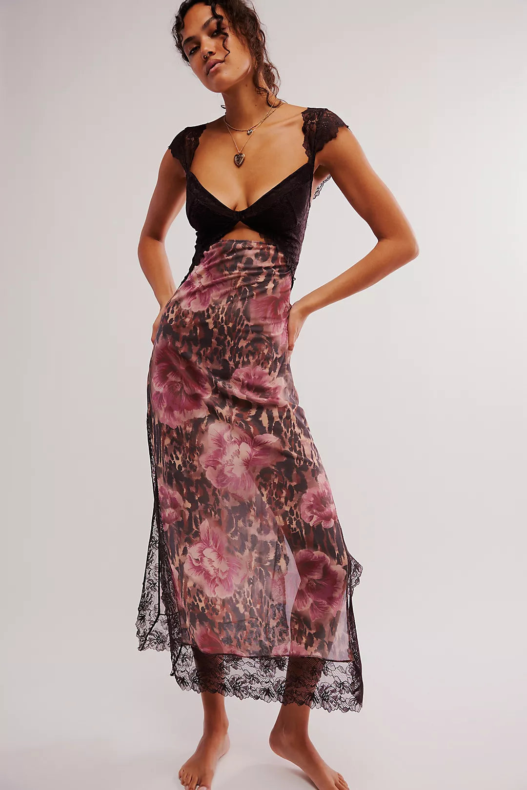 Women's tulip floral sheath dress with lace detail and a side split
