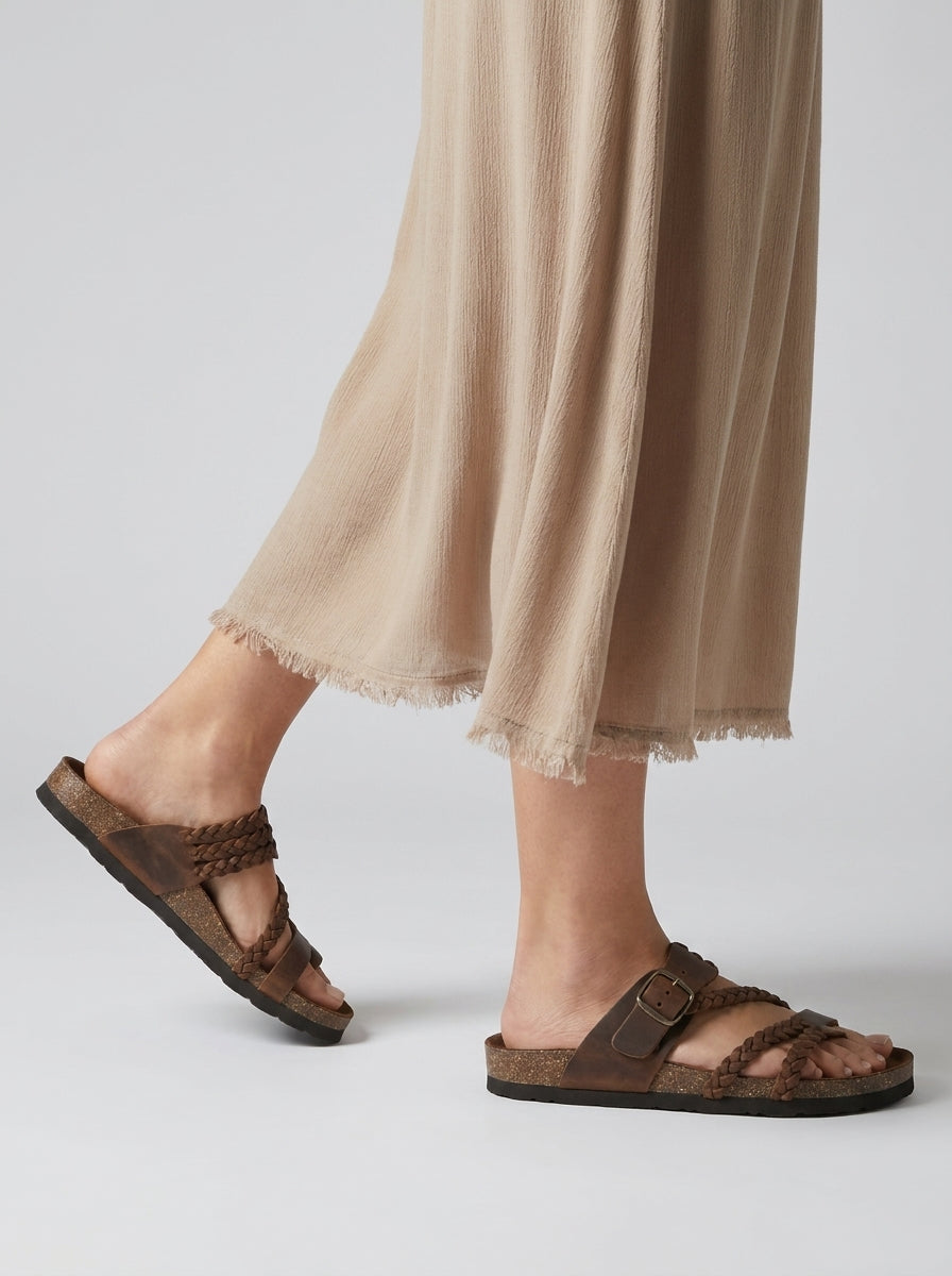 Women's brown boho braided sandals with adjustable buckle