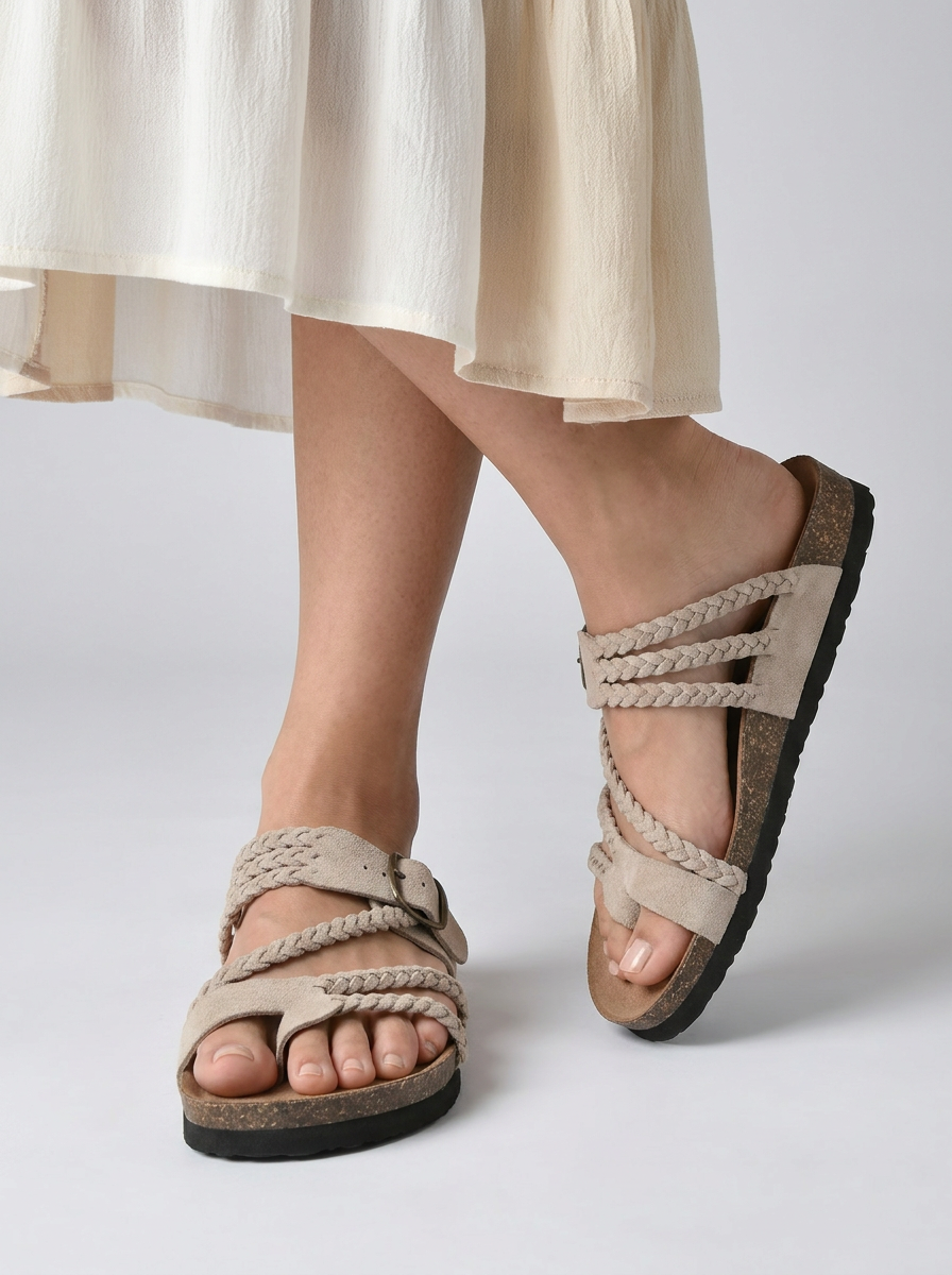 Women's brown boho braided sandals with adjustable buckle