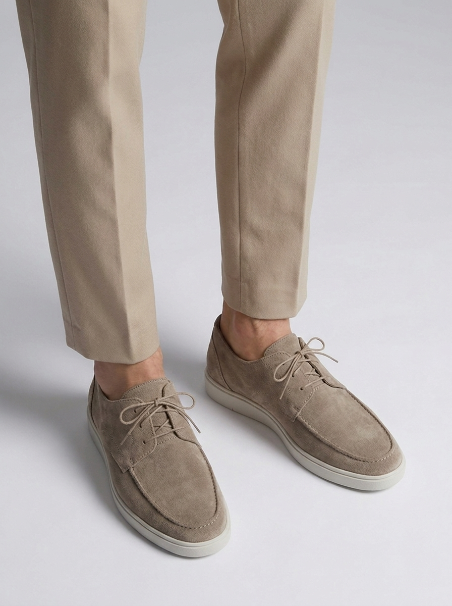 Men's beige suede lace-up loafers with light sole