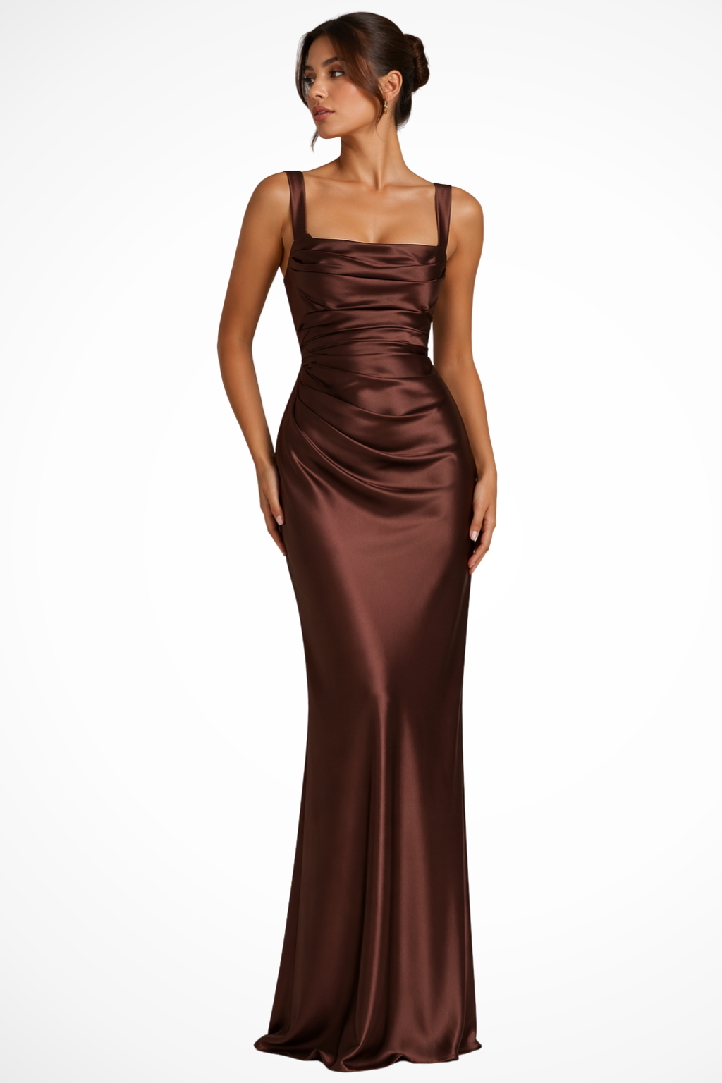 Women's square neck ruched satin maxi dress