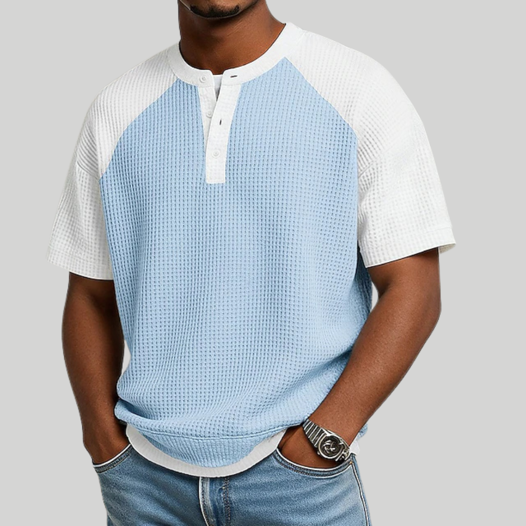 Men's light blue waffle knit button polo shirt